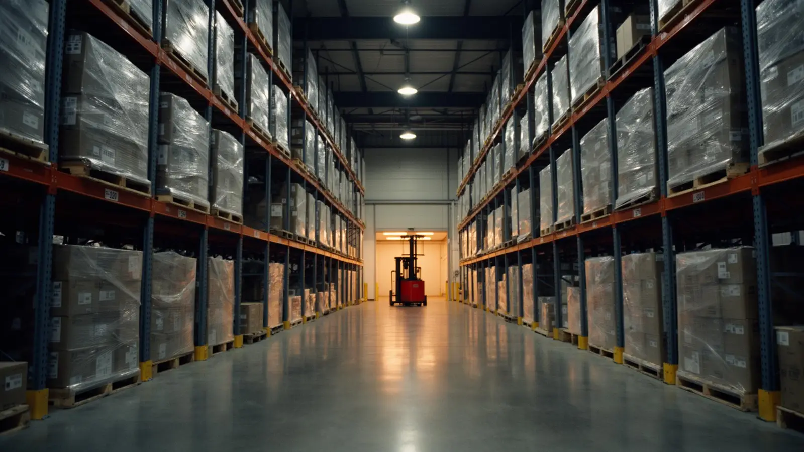 Pallet racking aisle in a national fulfillment warehouse